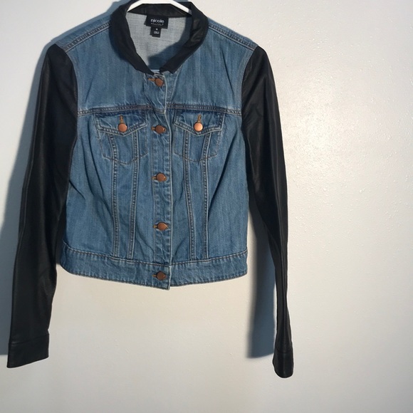 womens denim jacket with faux leather sleeves